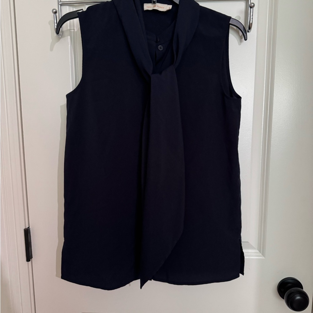 Tory Burch Navy Blue Tie Front Blouse - Picture 3 of 9